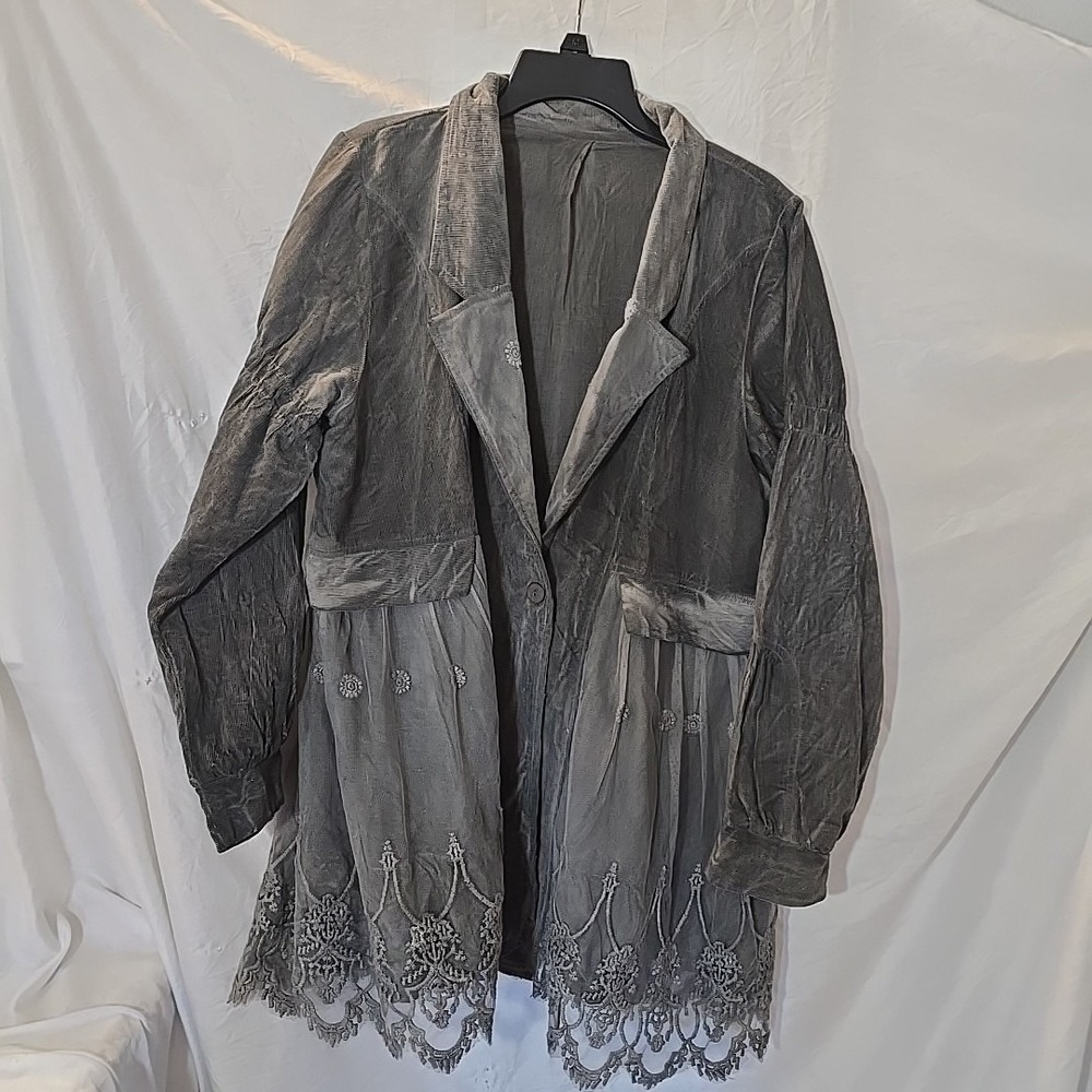 Victorian Trading Co Gray Corduroy Jacket W/Lace Boho Peasant‎ Fairy Sz 1X/2X